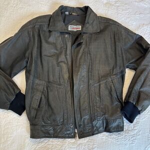 VTG Members Only Leather Bomber Jacket‎ Textured Gray Hidden Zipper 1980s Sz40